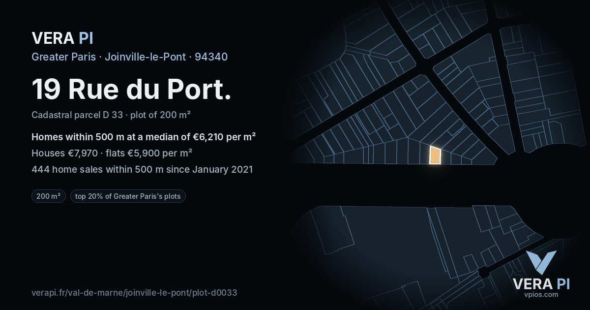 19 Rue du Port, Joinville-le-Pont at night – the plot lit, the parcels around coloured by the prices near them