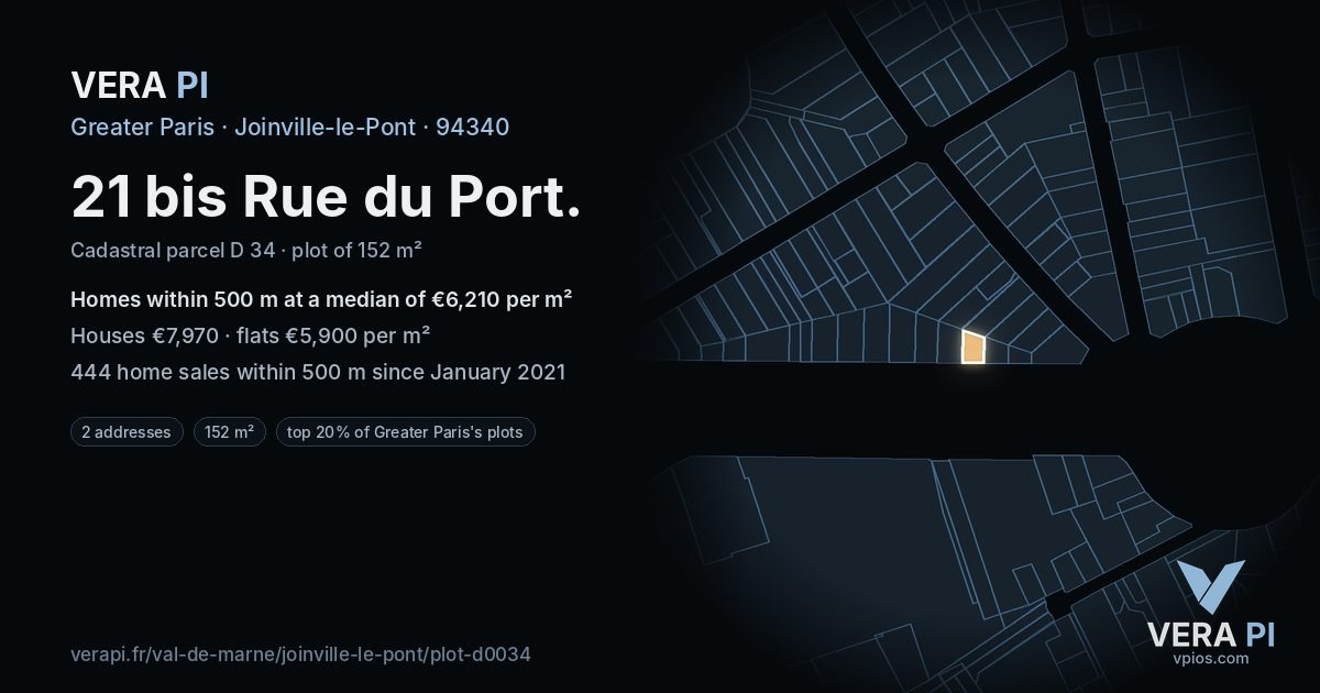 21 bis Rue du Port, Joinville-le-Pont at night – the plot lit, the parcels around coloured by the prices near them