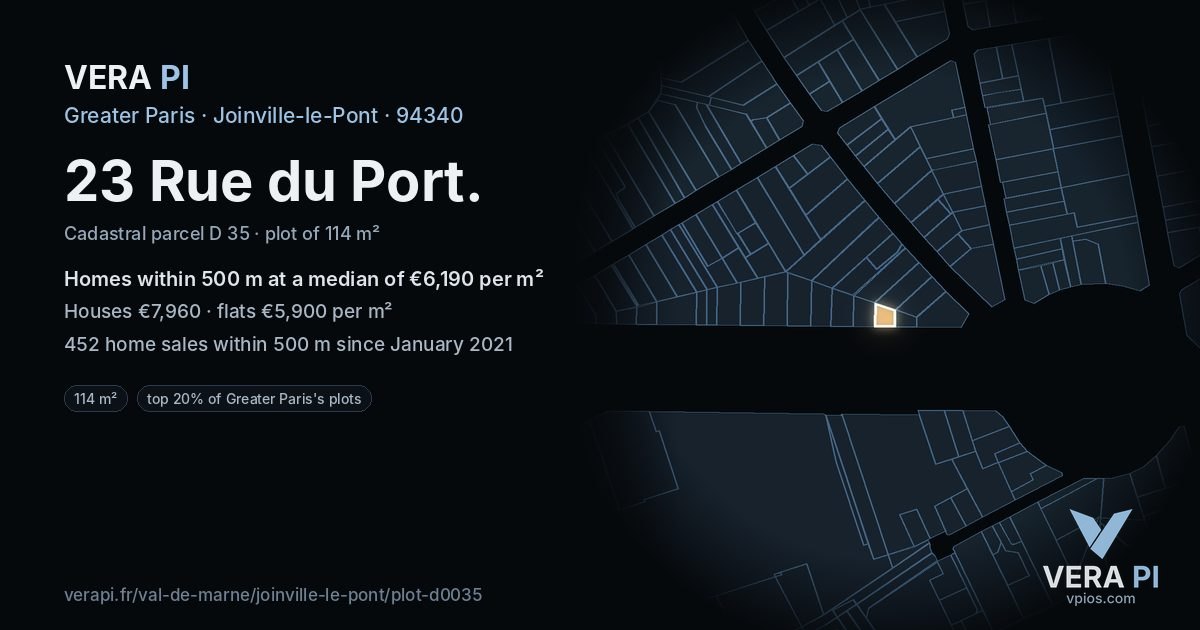 23 Rue du Port, Joinville-le-Pont at night – the plot lit, the parcels around coloured by the prices near them