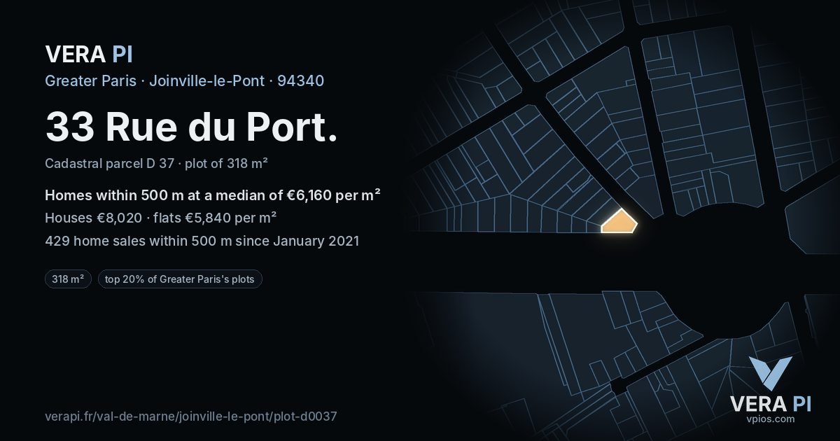 33 Rue du Port, Joinville-le-Pont at night – the plot lit, the parcels around coloured by the prices near them