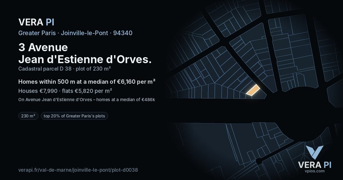 3 Avenue Jean d'Estienne d'Orves, Joinville-le-Pont at night – the plot lit, the parcels around coloured by the prices near them