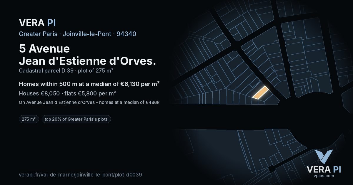 5 Avenue Jean d'Estienne d'Orves, Joinville-le-Pont at night – the plot lit, the parcels around coloured by the prices near them