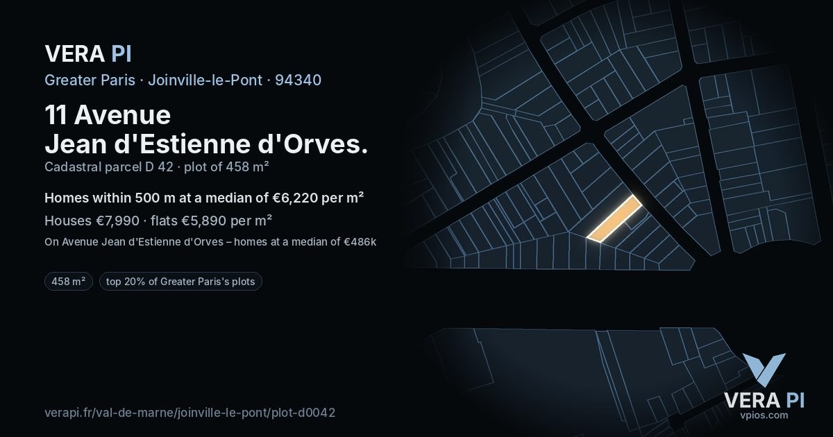 11 Avenue Jean d'Estienne d'Orves, Joinville-le-Pont at night – the plot lit, the parcels around coloured by the prices near them