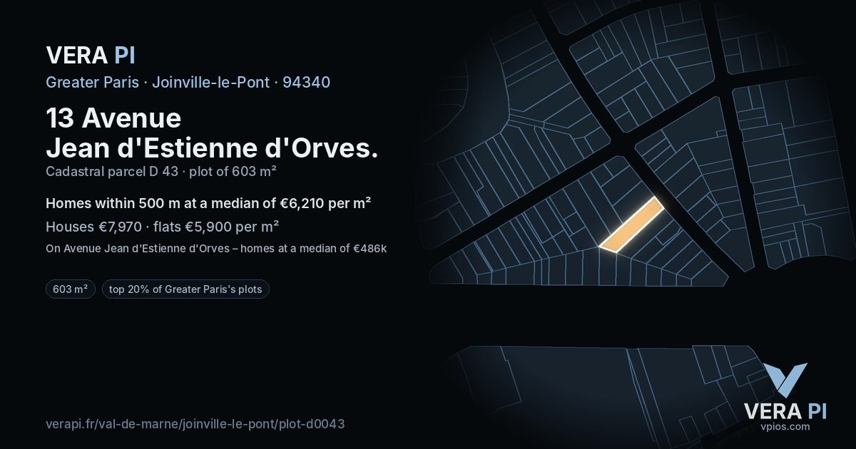 13 Avenue Jean d'Estienne d'Orves, Joinville-le-Pont at night – the plot lit, the parcels around coloured by the prices near them