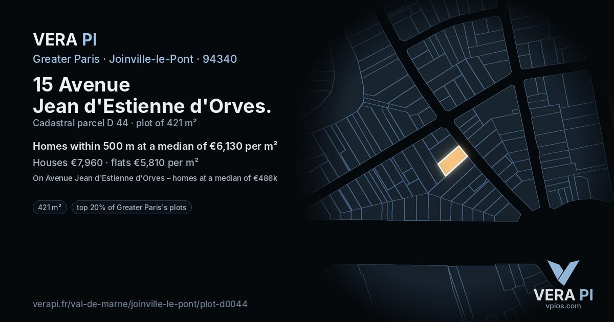 15 Avenue Jean d'Estienne d'Orves, Joinville-le-Pont at night – the plot lit, the parcels around coloured by the prices near them