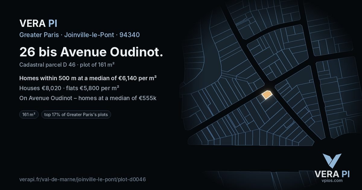 26 bis Avenue Oudinot, Joinville-le-Pont at night – the plot lit, the parcels around coloured by the prices near them
