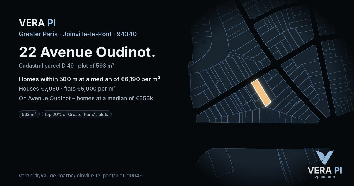 22 Avenue Oudinot, Joinville-le-Pont at night – the plot lit, the parcels around coloured by the prices near them