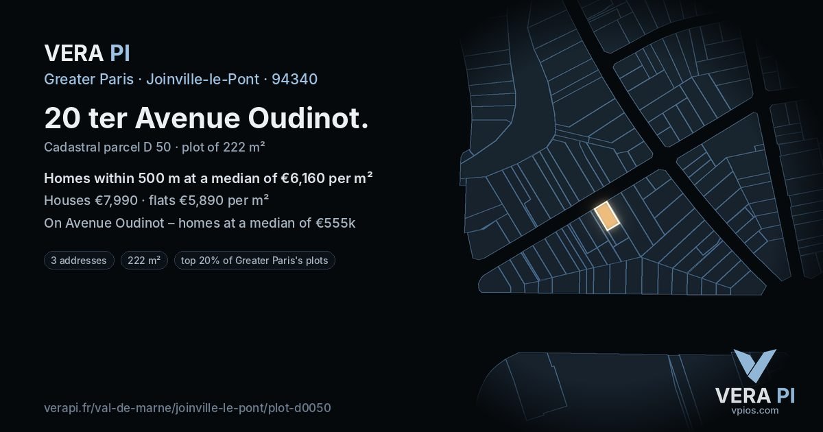 20 ter Avenue Oudinot, Joinville-le-Pont at night – the plot lit, the parcels around coloured by the prices near them