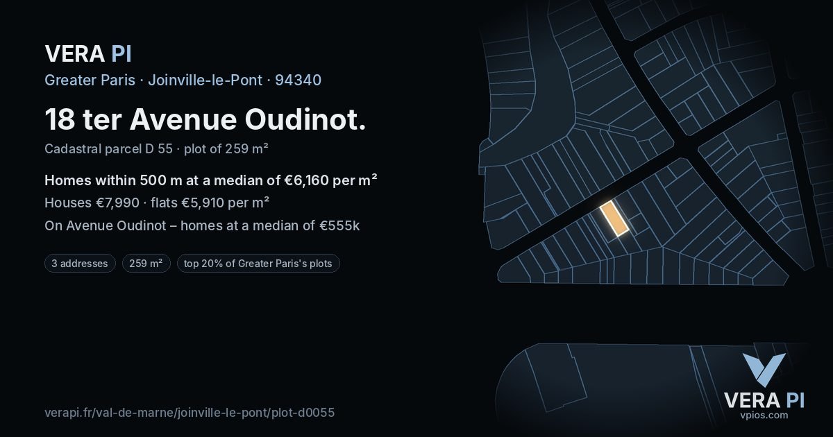 18 ter Avenue Oudinot, Joinville-le-Pont at night – the plot lit, the parcels around coloured by the prices near them