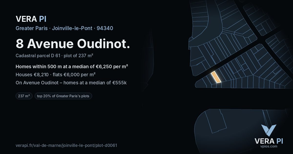 8 Avenue Oudinot, Joinville-le-Pont at night – the plot lit, the parcels around coloured by the prices near them