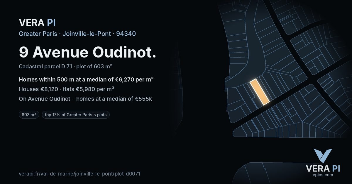 9 Avenue Oudinot, Joinville-le-Pont at night – the plot lit, the parcels around coloured by the prices near them