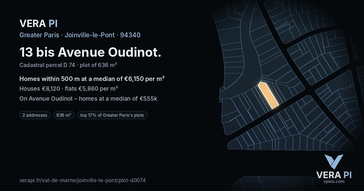 13 bis Avenue Oudinot, Joinville-le-Pont at night – the plot lit, the parcels around coloured by the prices near them