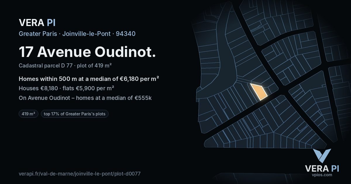 17 Avenue Oudinot, Joinville-le-Pont at night – the plot lit, the parcels around coloured by the prices near them