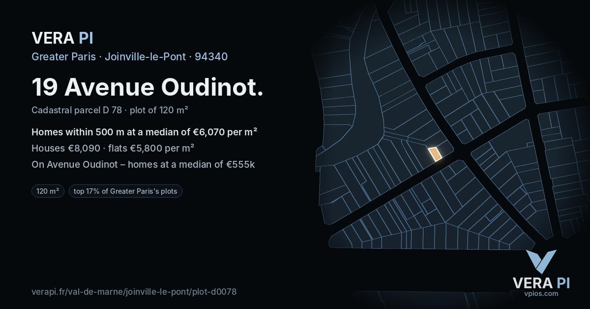 19 Avenue Oudinot, Joinville-le-Pont at night – the plot lit, the parcels around coloured by the prices near them