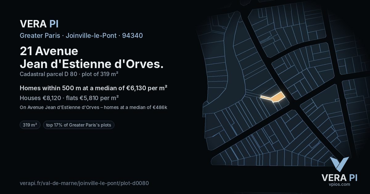 21 Avenue Jean d'Estienne d'Orves, Joinville-le-Pont at night – the plot lit, the parcels around coloured by the prices near them