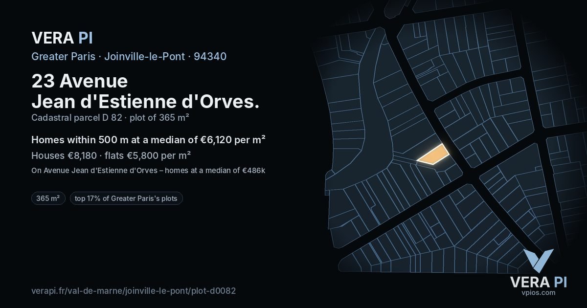 23 Avenue Jean d'Estienne d'Orves, Joinville-le-Pont at night – the plot lit, the parcels around coloured by the prices near them