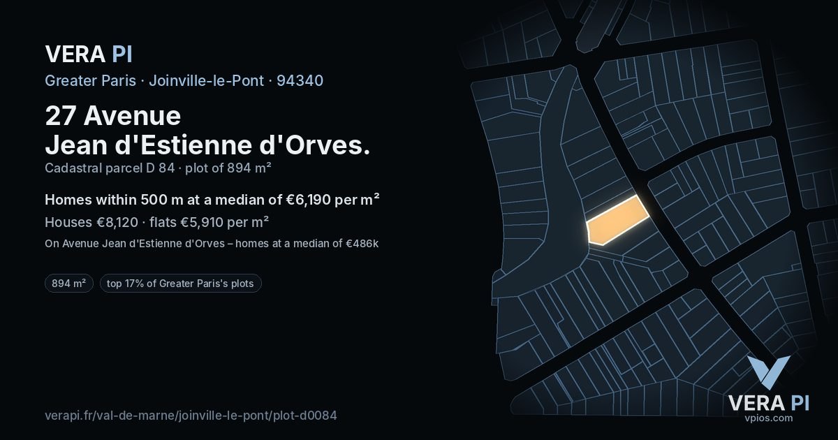 27 Avenue Jean d'Estienne d'Orves, Joinville-le-Pont at night – the plot lit, the parcels around coloured by the prices near them