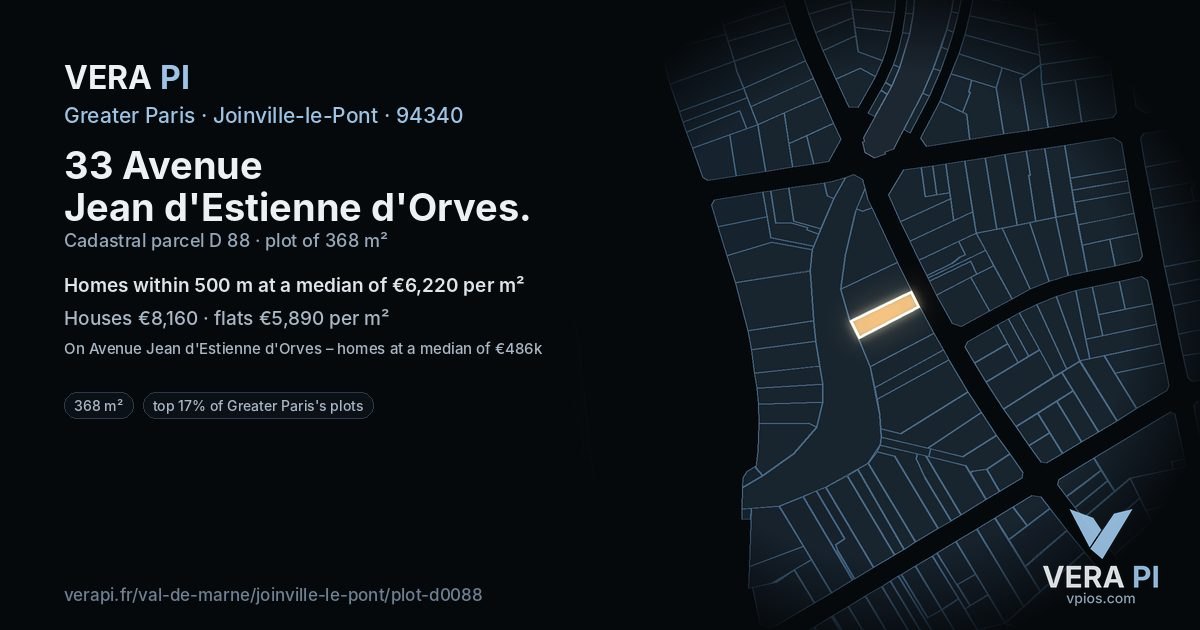 33 Avenue Jean d'Estienne d'Orves, Joinville-le-Pont at night – the plot lit, the parcels around coloured by the prices near them