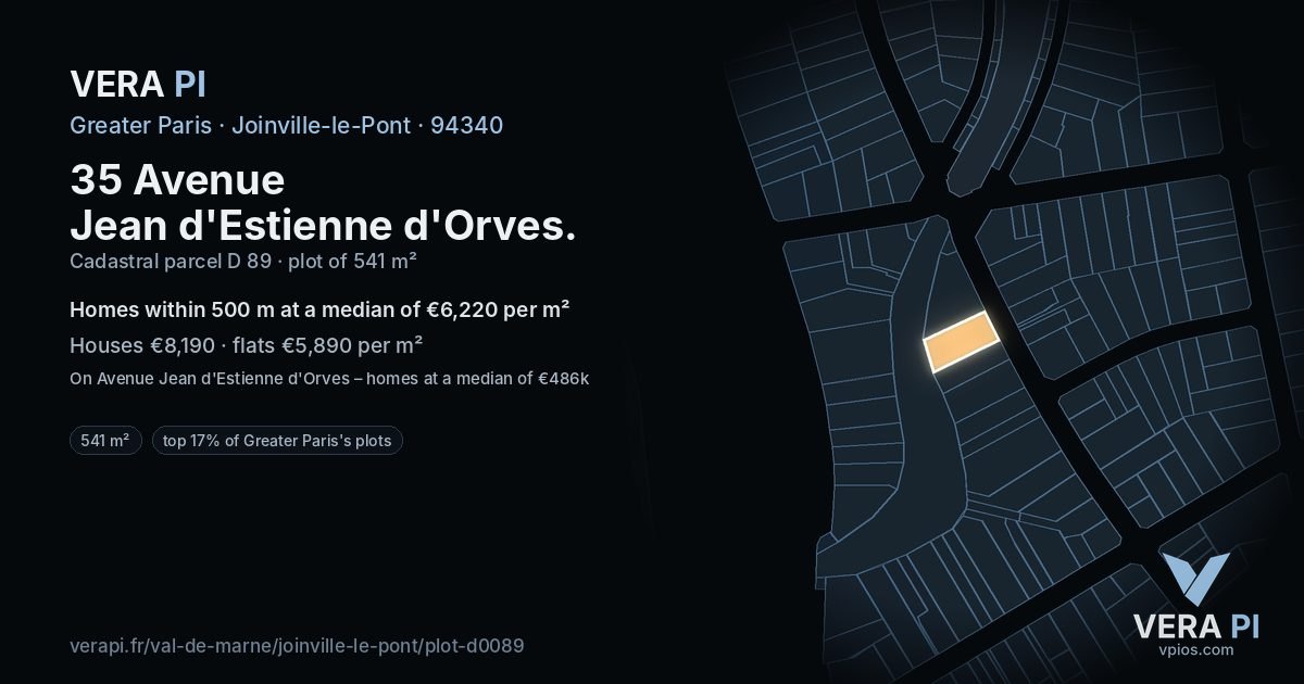 35 Avenue Jean d'Estienne d'Orves, Joinville-le-Pont at night – the plot lit, the parcels around coloured by the prices near them