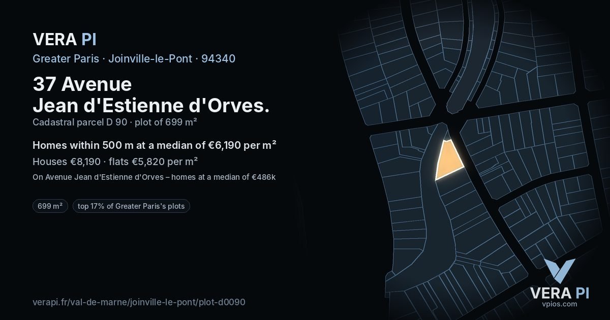 37 Avenue Jean d'Estienne d'Orves, Joinville-le-Pont at night – the plot lit, the parcels around coloured by the prices near them