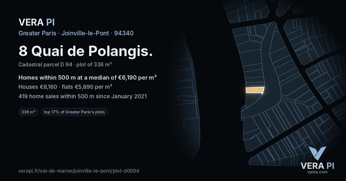 8 Quai de Polangis, Joinville-le-Pont at night – the plot lit, the parcels around coloured by the prices near them