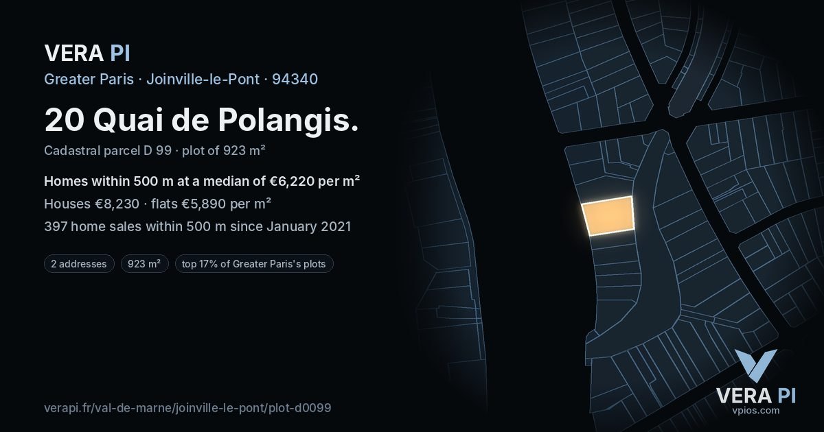 20 Quai de Polangis, Joinville-le-Pont at night – the plot lit, the parcels around coloured by the prices near them