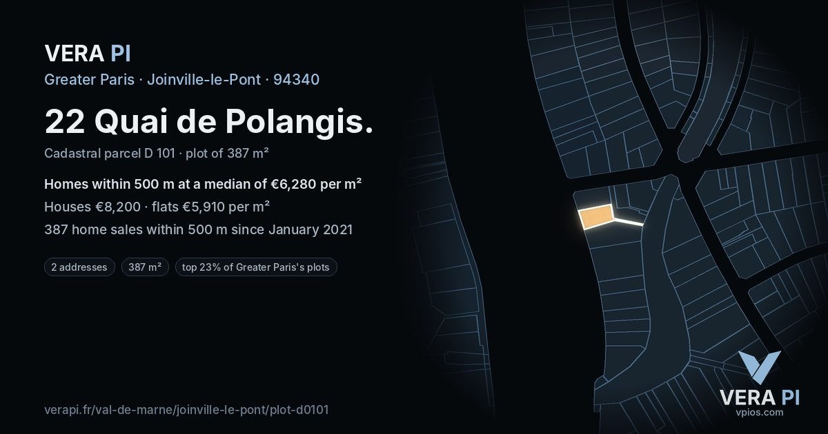 22 Quai de Polangis, Joinville-le-Pont at night – the plot lit, the parcels around coloured by the prices near them