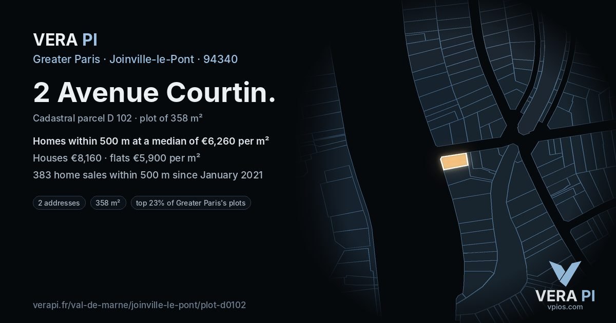 2 Avenue Courtin, Joinville-le-Pont at night – the plot lit, the parcels around coloured by the prices near them