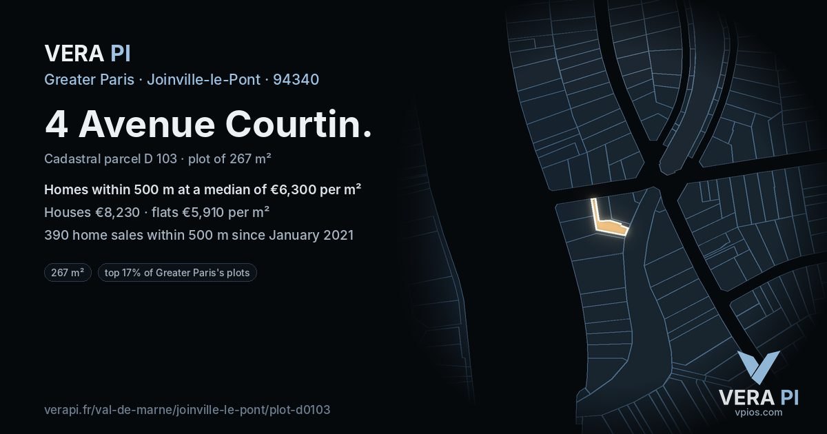 4 Avenue Courtin, Joinville-le-Pont at night – the plot lit, the parcels around coloured by the prices near them
