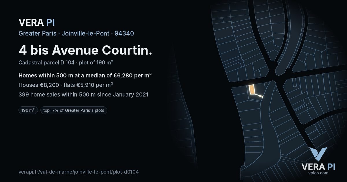 4 bis Avenue Courtin, Joinville-le-Pont at night – the plot lit, the parcels around coloured by the prices near them