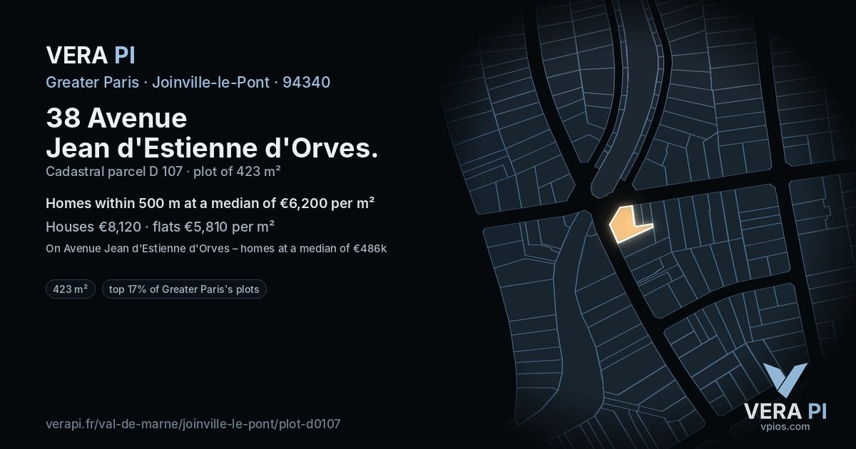 38 Avenue Jean d'Estienne d'Orves, Joinville-le-Pont at night – the plot lit, the parcels around coloured by the prices near them