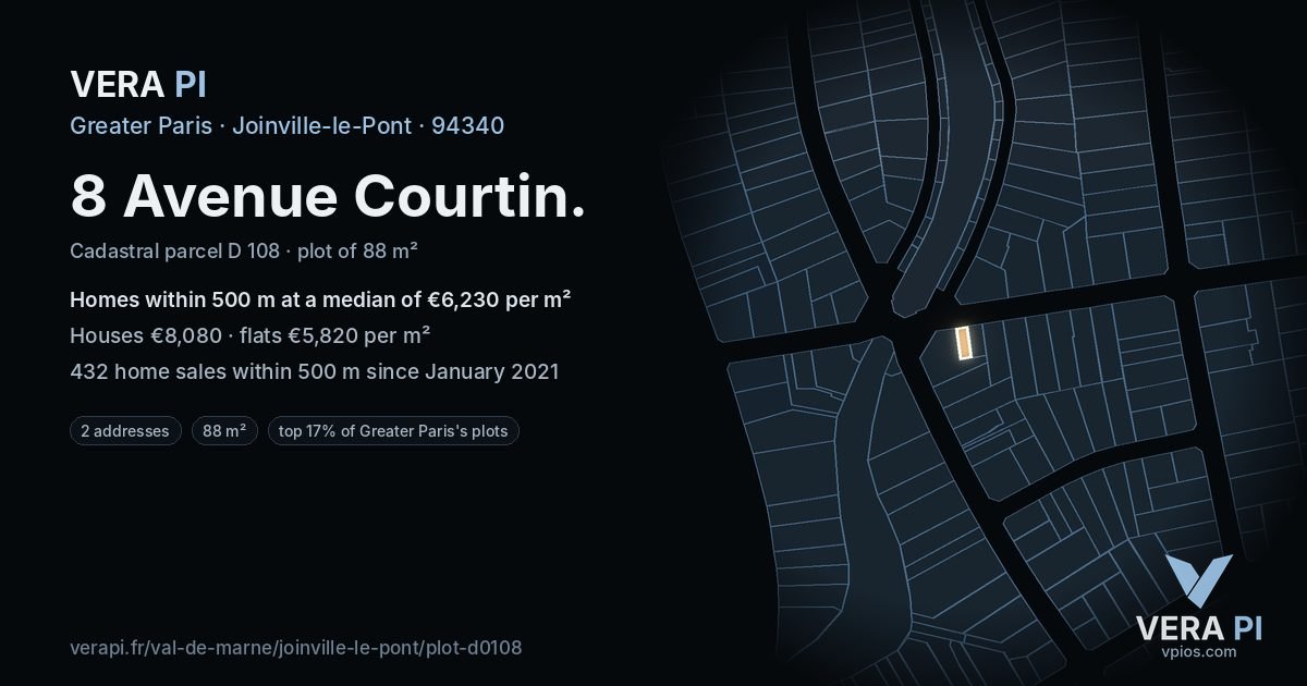 8 Avenue Courtin, Joinville-le-Pont at night – the plot lit, the parcels around coloured by the prices near them