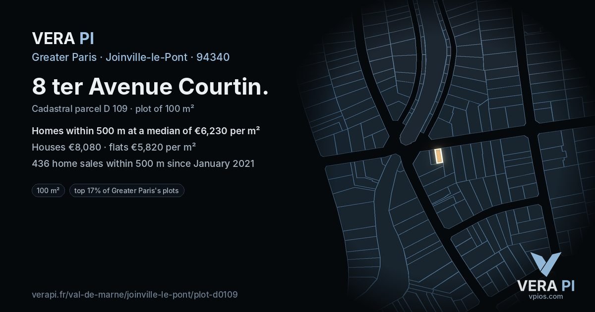 8 ter Avenue Courtin, Joinville-le-Pont at night – the plot lit, the parcels around coloured by the prices near them