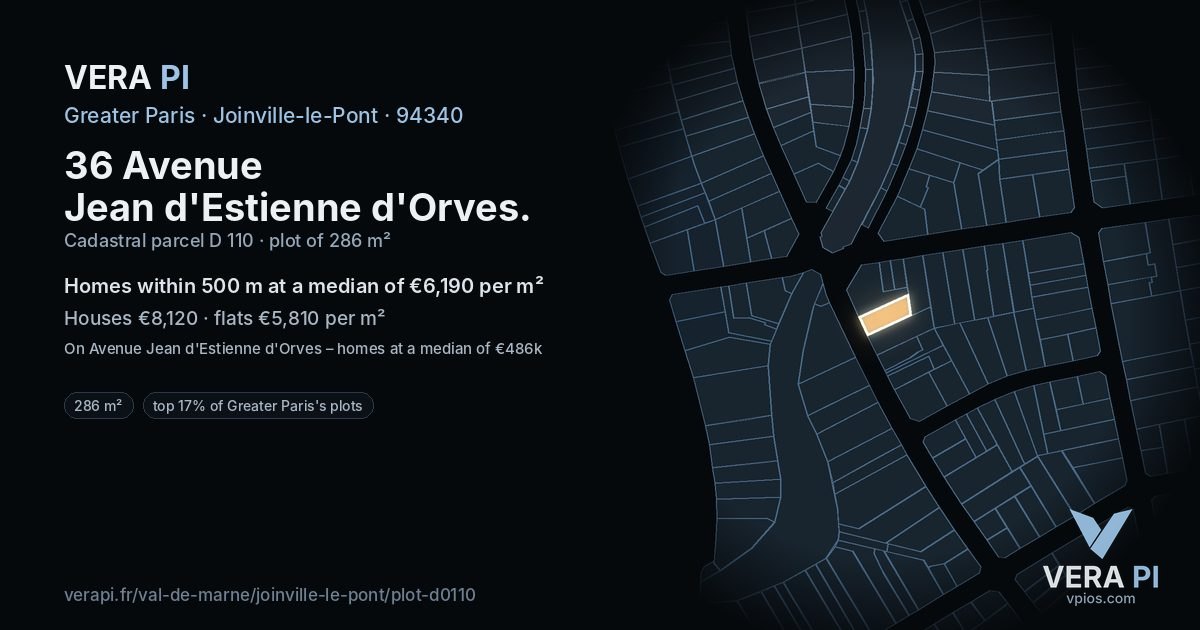 36 Avenue Jean d'Estienne d'Orves, Joinville-le-Pont at night – the plot lit, the parcels around coloured by the prices near them