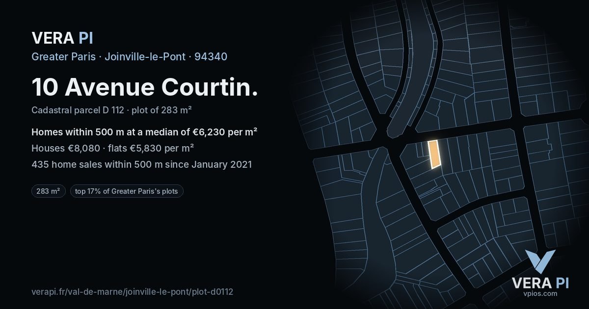 10 Avenue Courtin, Joinville-le-Pont at night – the plot lit, the parcels around coloured by the prices near them