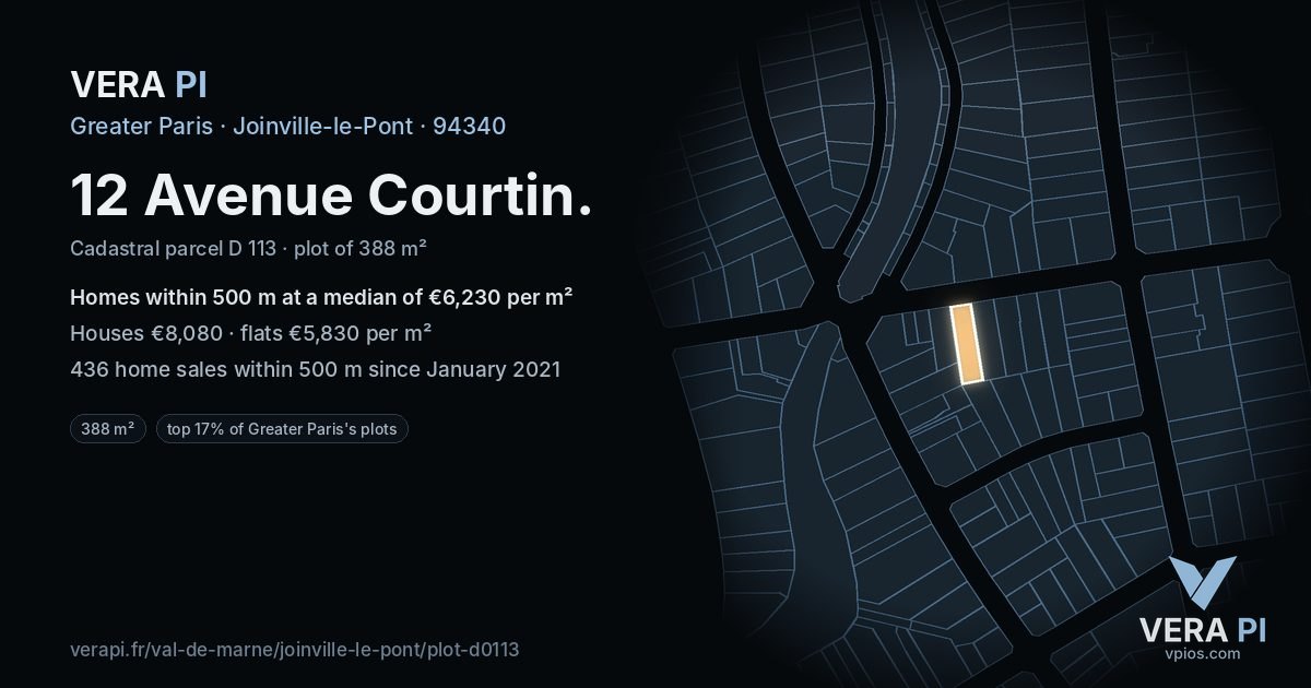 12 Avenue Courtin, Joinville-le-Pont at night – the plot lit, the parcels around coloured by the prices near them