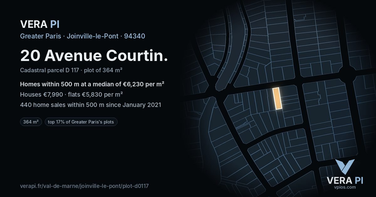 20 Avenue Courtin, Joinville-le-Pont at night – the plot lit, the parcels around coloured by the prices near them