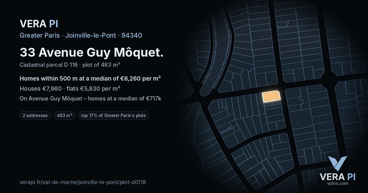 33 Avenue Guy Môquet, Joinville-le-Pont at night – the plot lit, the parcels around coloured by the prices near them