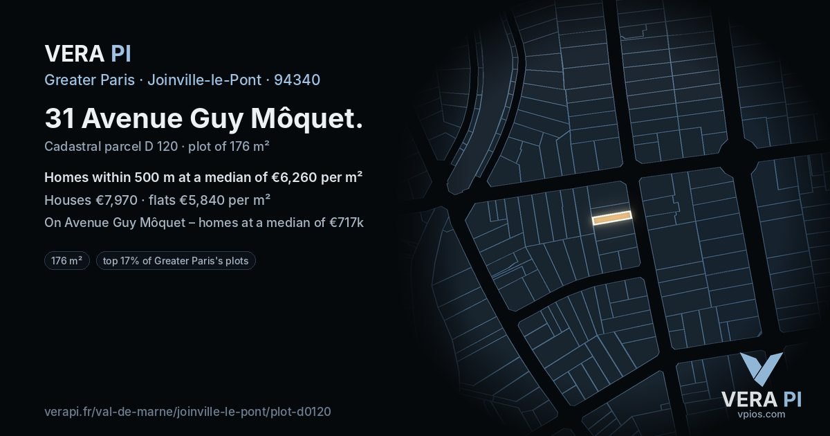 31 Avenue Guy Môquet, Joinville-le-Pont at night – the plot lit, the parcels around coloured by the prices near them