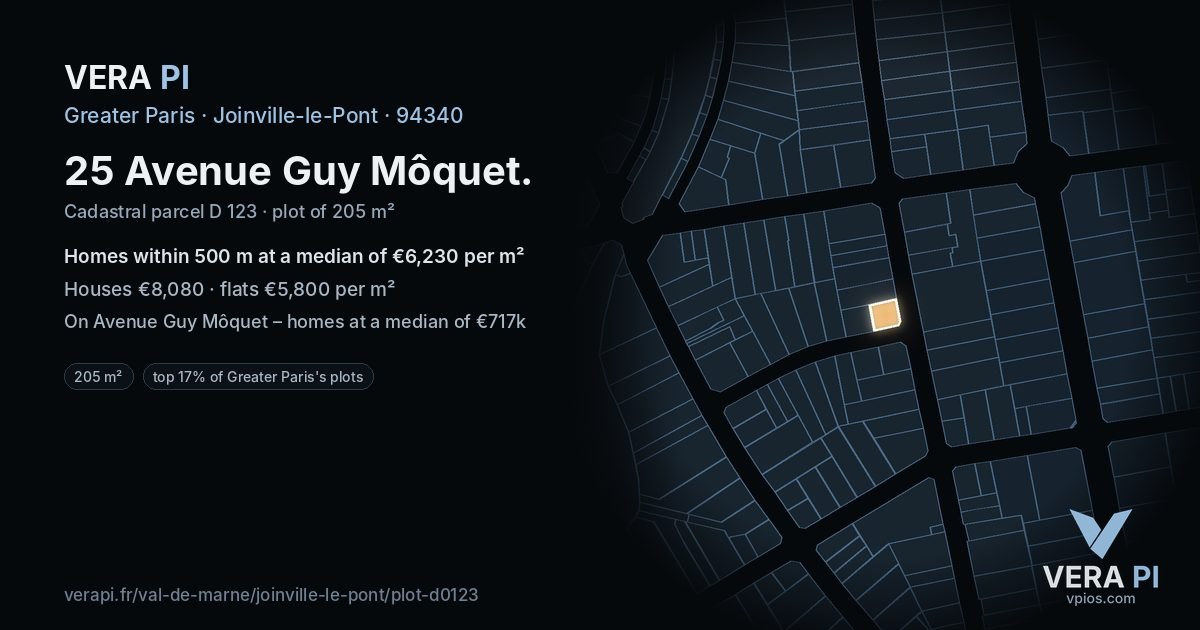 25 Avenue Guy Môquet, Joinville-le-Pont at night – the plot lit, the parcels around coloured by the prices near them