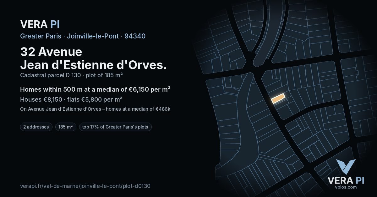 32 Avenue Jean d'Estienne d'Orves, Joinville-le-Pont at night – the plot lit, the parcels around coloured by the prices near them