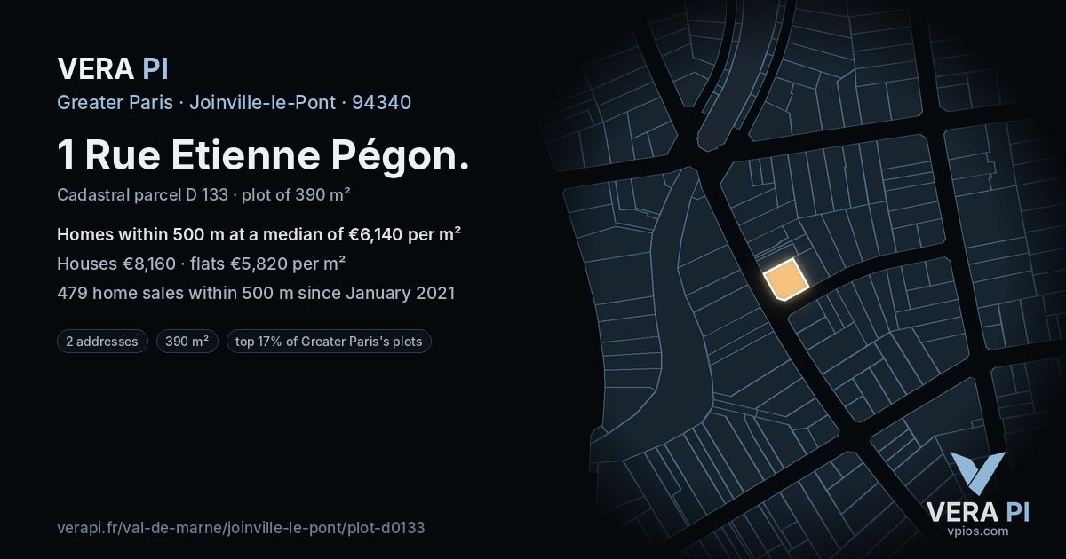 1 Rue Etienne Pégon, Joinville-le-Pont at night – the plot lit, the parcels around coloured by the prices near them