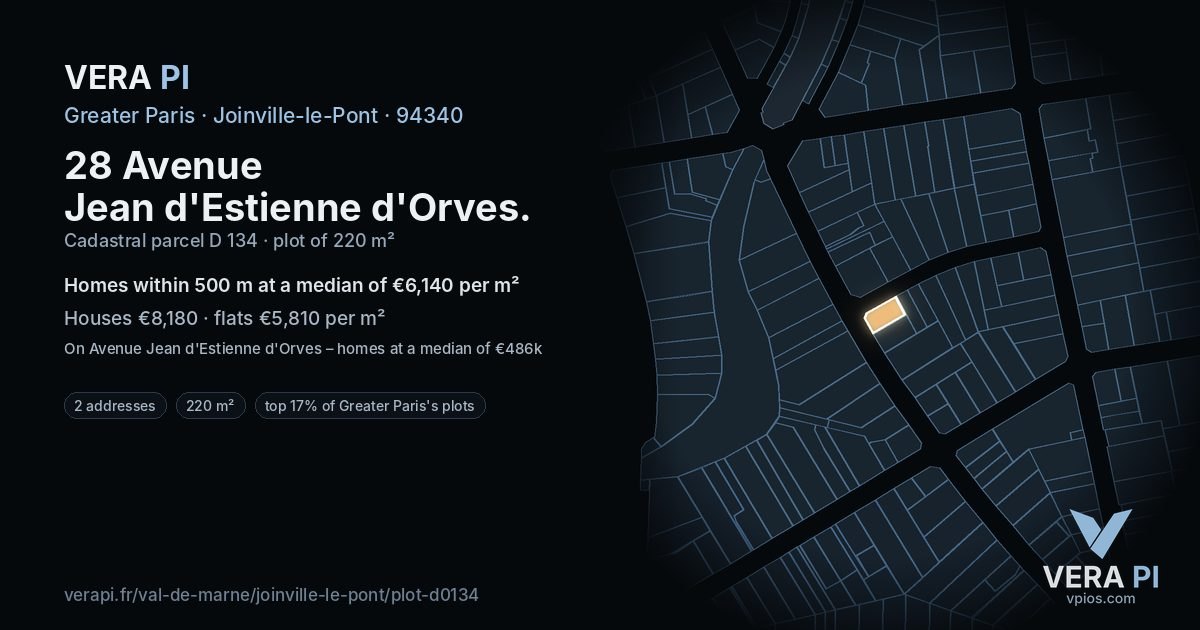 28 Avenue Jean d'Estienne d'Orves, Joinville-le-Pont at night – the plot lit, the parcels around coloured by the prices near them