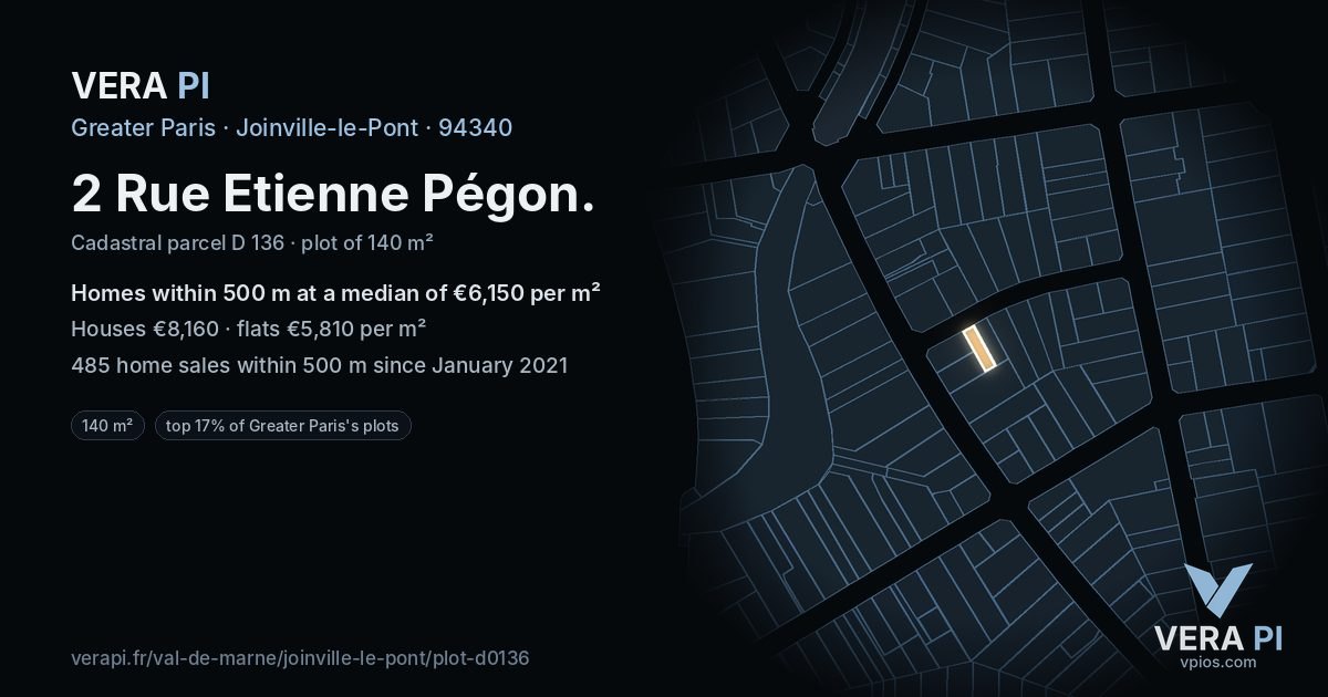 2 Rue Etienne Pégon, Joinville-le-Pont at night – the plot lit, the parcels around coloured by the prices near them