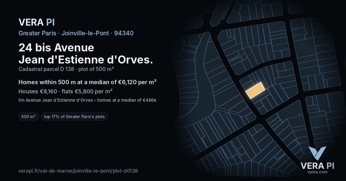 24 bis Avenue Jean d'Estienne d'Orves, Joinville-le-Pont at night – the plot lit, the parcels around coloured by the prices near them