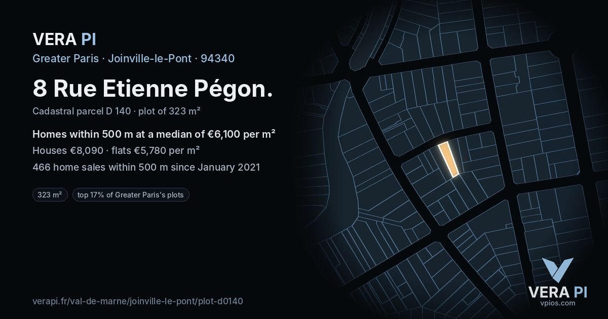 8 Rue Etienne Pégon, Joinville-le-Pont at night – the plot lit, the parcels around coloured by the prices near them
