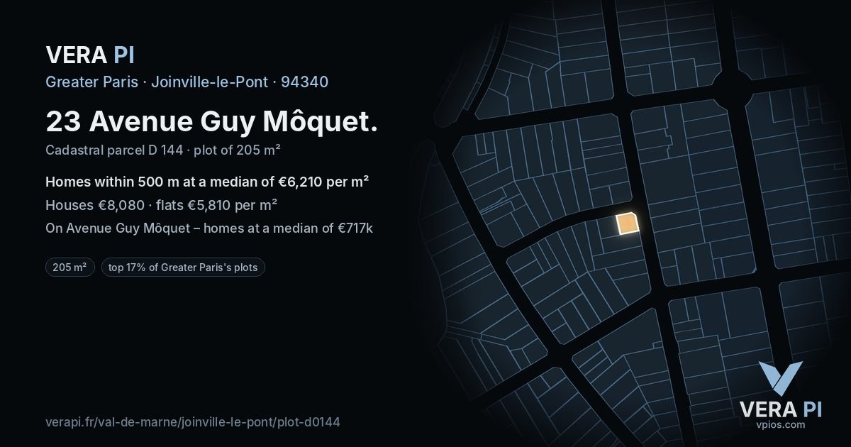 23 Avenue Guy Môquet, Joinville-le-Pont at night – the plot lit, the parcels around coloured by the prices near them