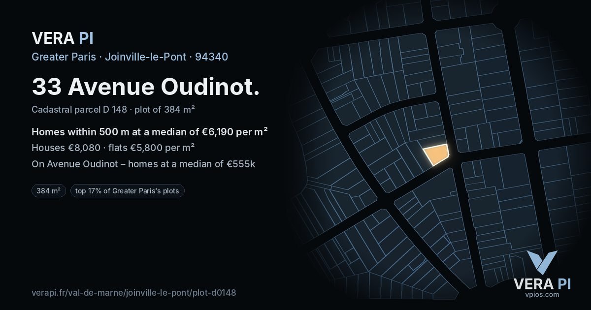 33 Avenue Oudinot, Joinville-le-Pont at night – the plot lit, the parcels around coloured by the prices near them