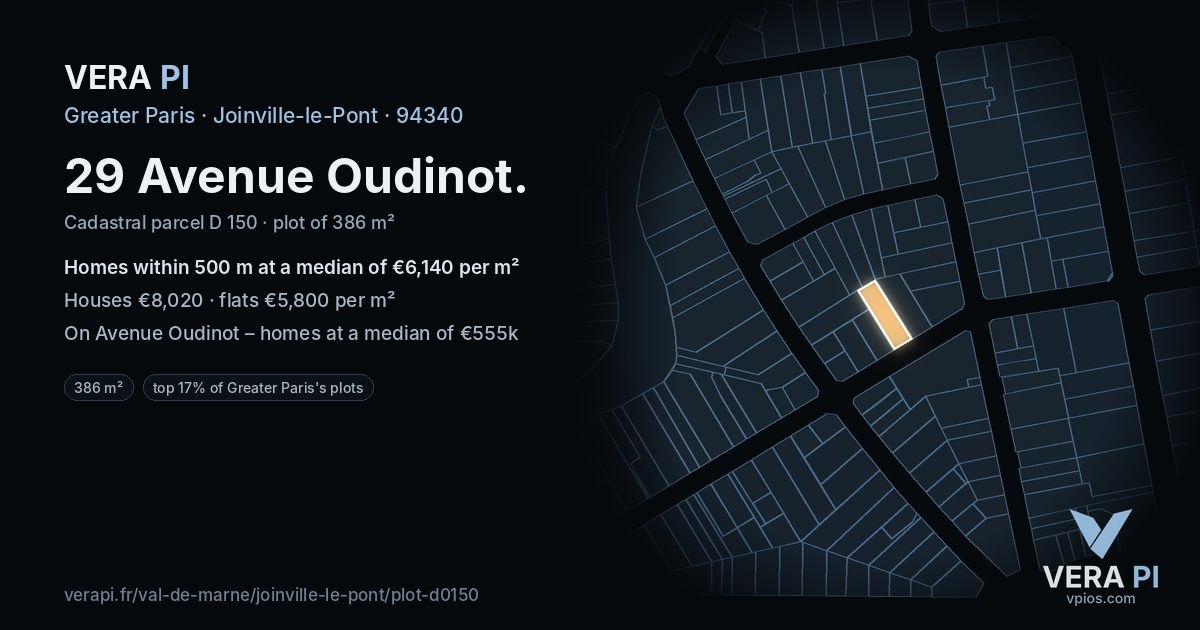 29 Avenue Oudinot, Joinville-le-Pont at night – the plot lit, the parcels around coloured by the prices near them