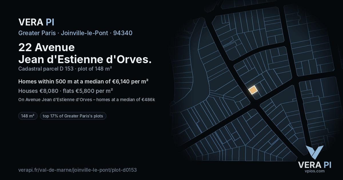 22 Avenue Jean d'Estienne d'Orves, Joinville-le-Pont at night – the plot lit, the parcels around coloured by the prices near them